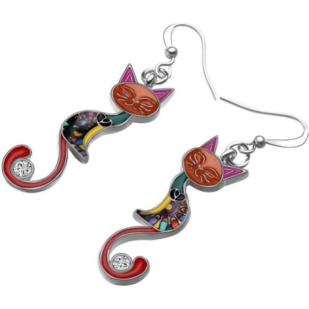 Red Enamel Cat Dangle Earring Hypoallergenic Aesthetic Kitty Jewelry Gift